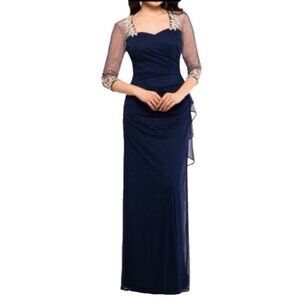 Xscape Long Formal Dress 8P Black Gold Embroidered Wedding Cruise Formal Party